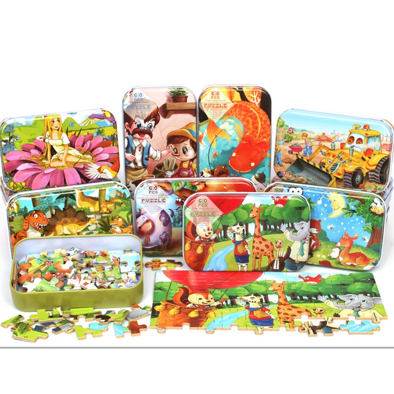 60 шт. деревянные игрушки-пазлы с железной коробкой Детские Мультяшные животные деревянные Обучающие игрушки-пазлы для детей Рождественский подарок