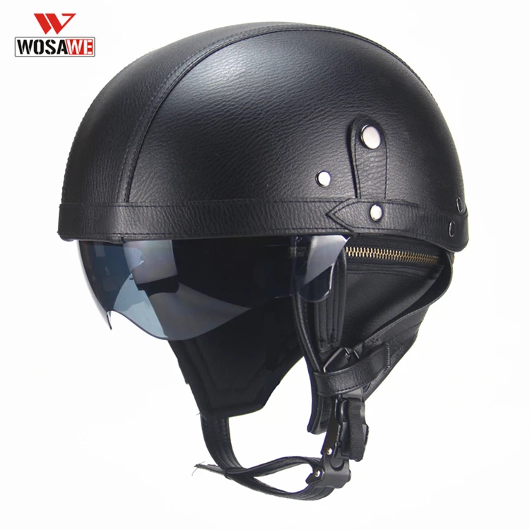 

Motorcycle Helmet Vintage PU Leather Half Helmets with Goggle Mask ABS Matte black Casque Helmet moto motocross helmets