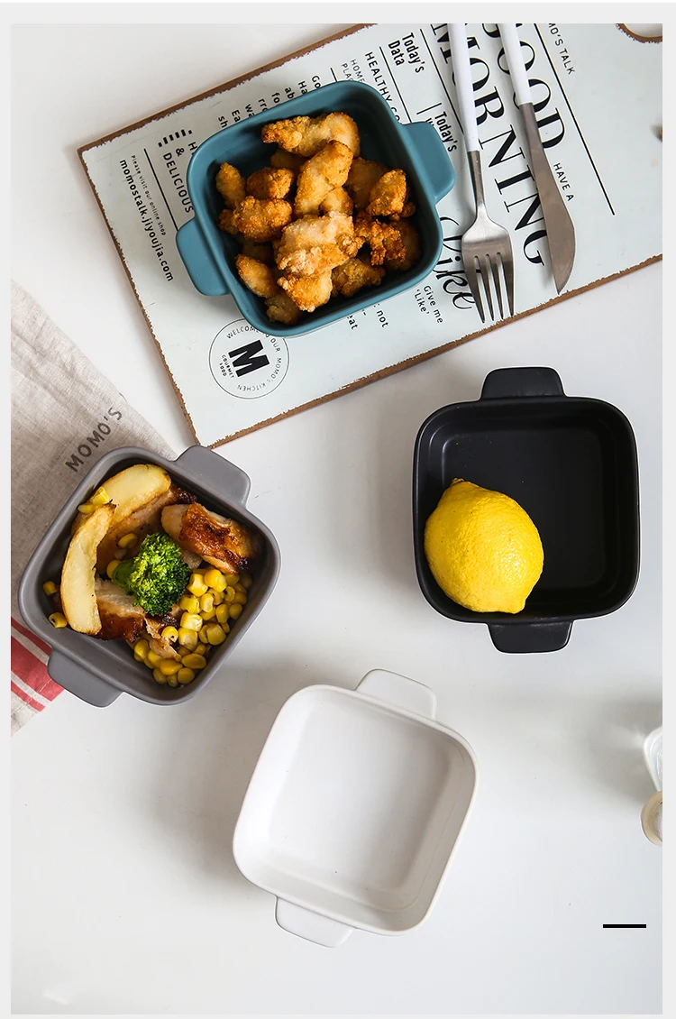 Красочная матовая керамическая миска для выпечки с двойной ручкой, салат, фрукт, десертный суповой миска-контейнер, столовая посуда, Овощная миска