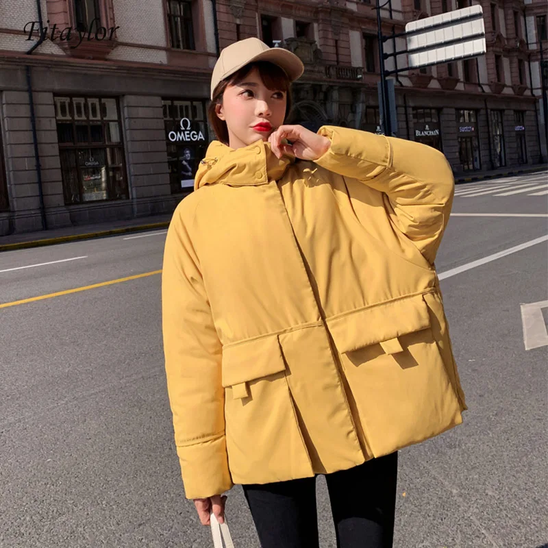 

Fitaylor 2019 Winter Hooded Coats Women Down Cotton Parkas Big Pocket Turtleneck Jacket Female Loose Thick Warm Overcoats