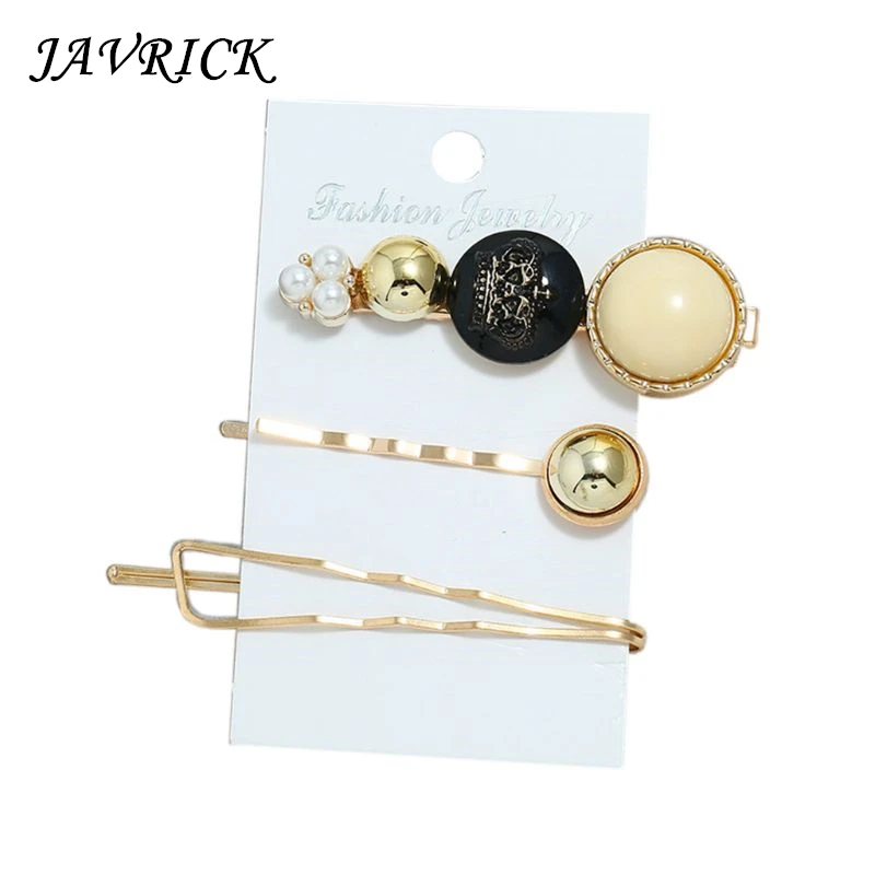 

JAVRICK 3 Pcs/set Fashion Women Hairpins Set Girls Bangs Clip Crown Artificial Pearl Wave Duckbill Word Hairpin Head Side Clips