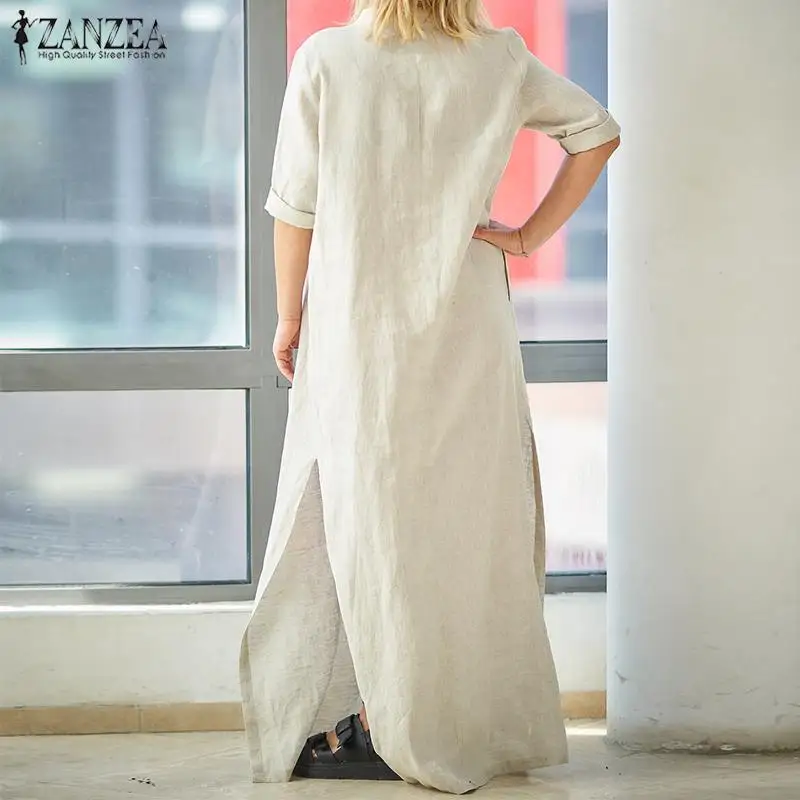 ZANZEA винтажное льняное Макси платье женские летние платья женские рубашки с v-образным вырезом и рукавом средней длины на пуговицах Vestidos Kaftan split Robe
