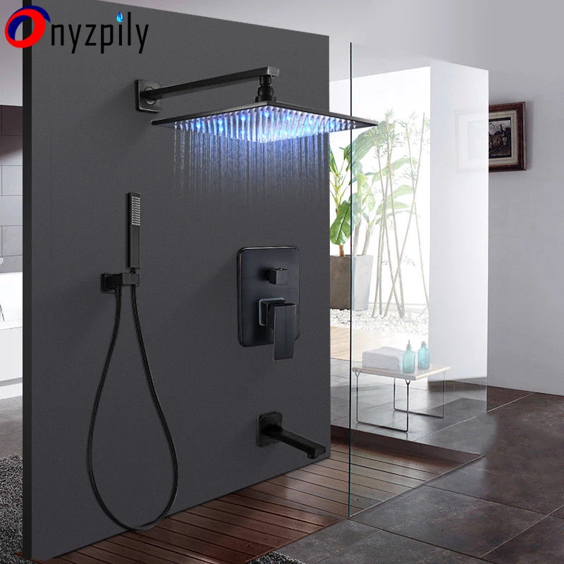 

Oil Rubbed Bronze Shower Faucet 8''LED Rain Shower Faucet+ Hand Shower Tap 3-Ways Valve Shower Set