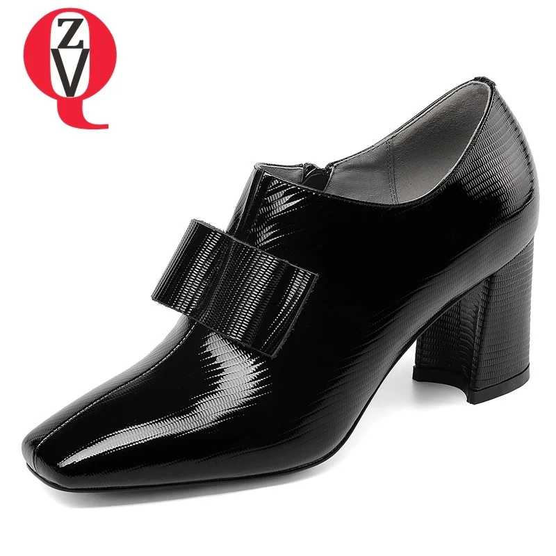 

ZVQ 2019 spring new fashion hot sale high quality patent leather women pumps high hoof heels square toe zip bowties shoes women