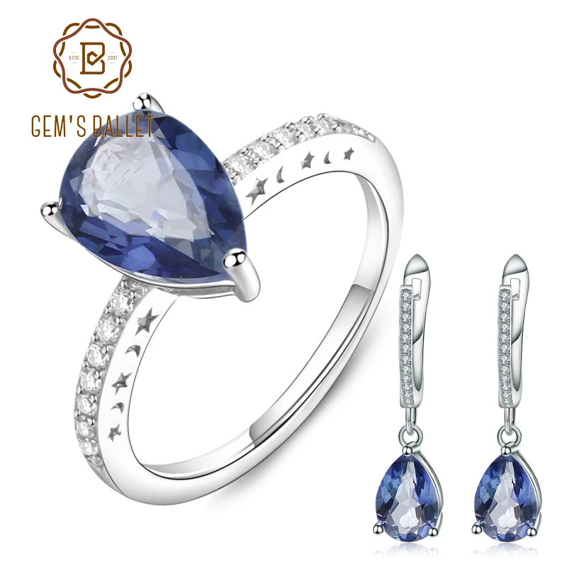 

GEM'S BALLET Natural Iolite Blue Mystic Quartz Gemstone Jewelry Set 925 Sterling Silver Earrings Ring Set For Women Fine Jewelry
