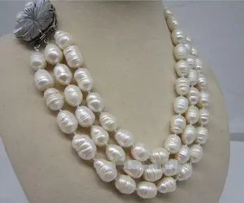 

Beautiful 3 row 12-13mm natural south sea white baroque pearl necklace 17-19"