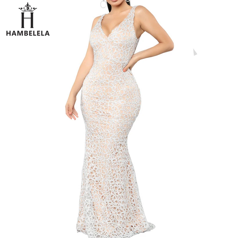 

HAMBELELA 2019 Summer New Arrival Women Sleeveless Tank Lace Dress Sexy V-Neck Bodycon Evening Party Dresses Mermaid Long Dress