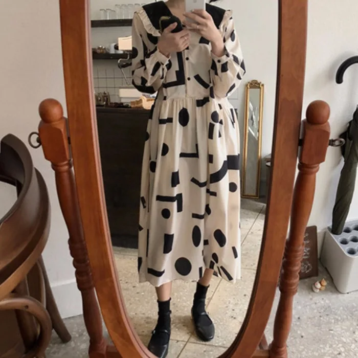 

Funny Lady High Waist Dress Big Collar Baby Doll Style Long Dress Print Spring Robe Longue Vestido Largo Vestiti Lunga