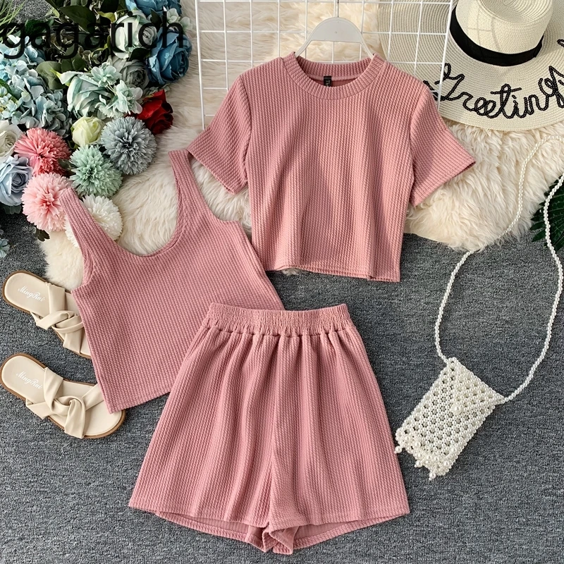 

Gagarich Women Three Piece Set Summer 2019 Fashion Knitted Solid Suit Thin Belt Vest Short-sleeved T-shirt Female Shorts