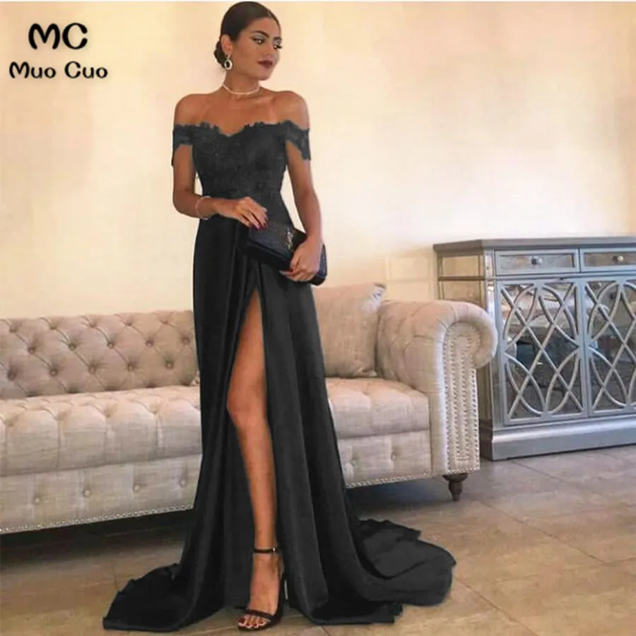 Sexy Leg Slit Long Satin Sweetheart Prom Dresses Lace Off The Shoulder Evening Gowns6