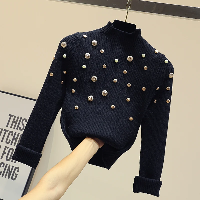 

Turtleneck Sweater Wmen's Fashion Bead Button Sweaters Pullovers Female Temperament Fall Winter Knitting Undercoat Basic Coatx