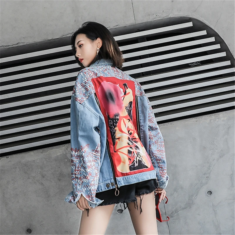 Modèle Bomber Taille Jeans Solide Denim De Veste Dessin Scrawl Décontractée Animé Grande Femmes Femelle Dt033 Printting Outwear Manteau sCBhdQorxt
