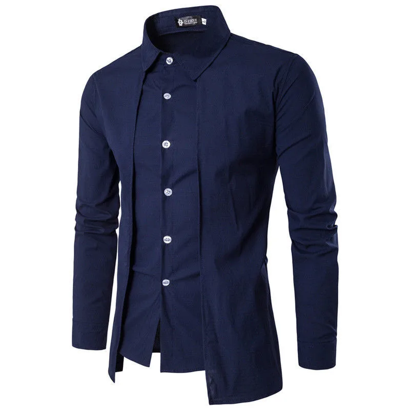Модные мужские поддельные двухкомпонентные Рубашки Лето Осень Роскошные с длинным рукавом Повседневные облегающие Стильные топы специальный дизайн рубашки - Цвет: Тёмно-синий