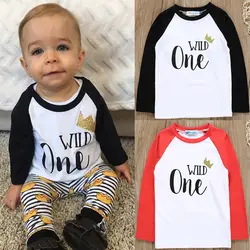 Wild One/Детские футболки для малышей, весенне-осенние детские футболки с длинными рукавами и изображением короны, детская одежда для малышей