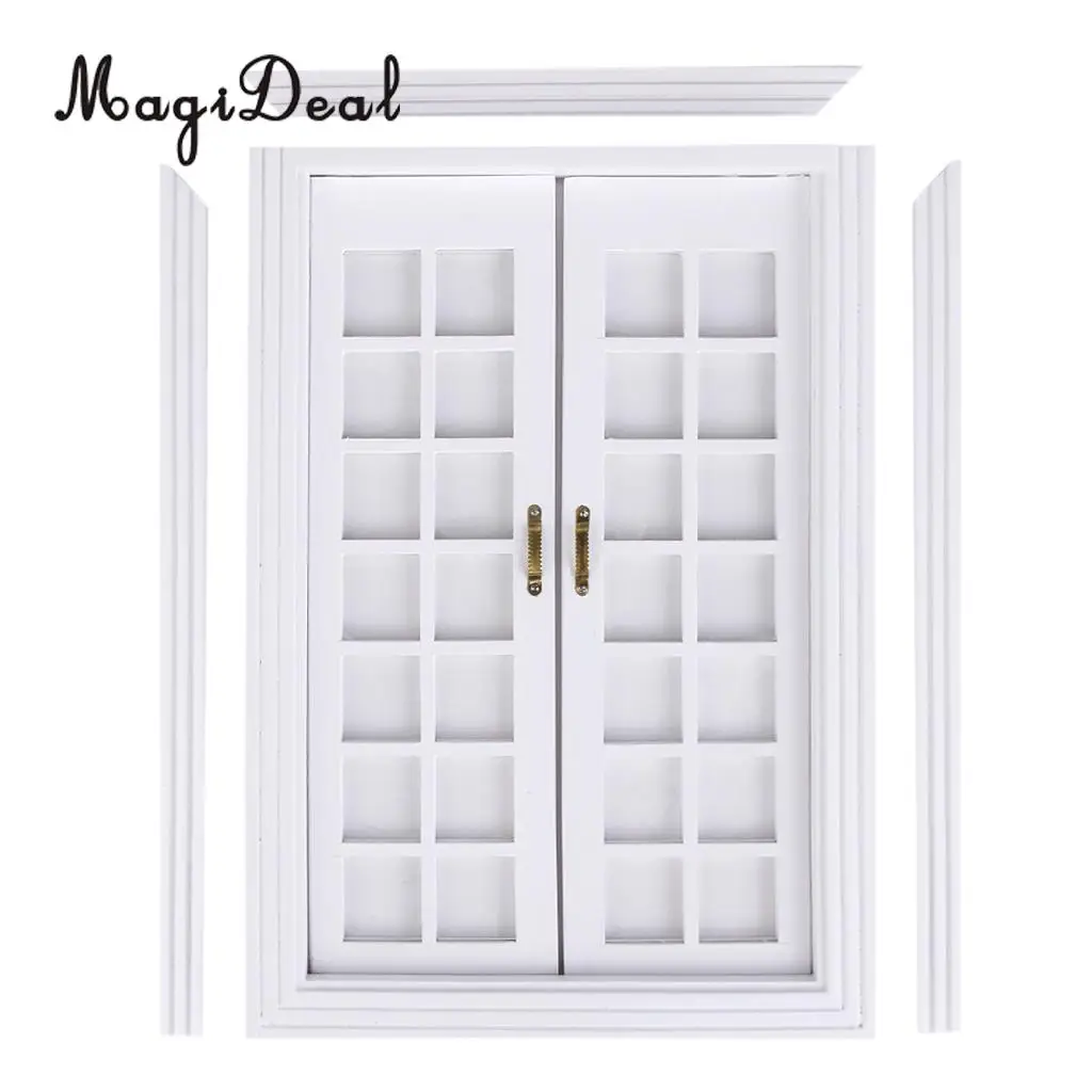 MagiDeal 1Set 1/12 Dollhouse Miniature Exterior Wooden French Door for Dolls House Bedroom Living Room Furniture Toy White