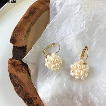 HUANZHI винтажные золотые металлические пряжки нерегулярные круглые рисовые Бусы из натурального пресноводного жемчуга шариковые серьги-гвоздики для женщин подарок для девушек