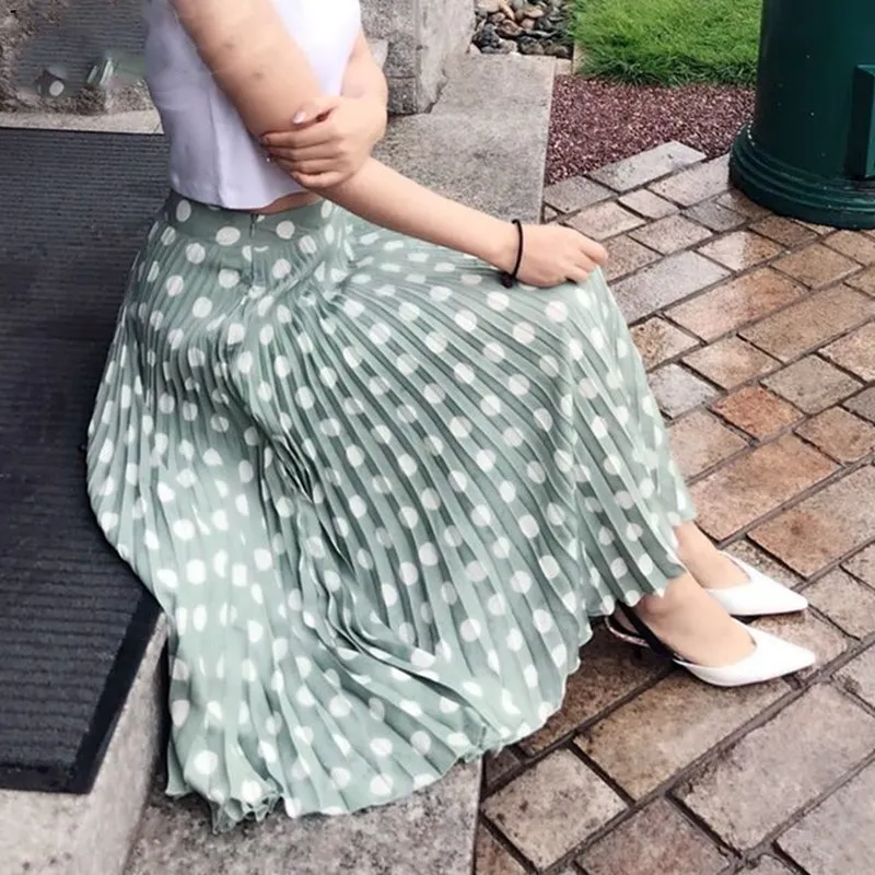 

2019 Summer New Green A-Line Chiffon Polka Dot Skirts Women Casual Zipper High Waist Flared Midi Skirts