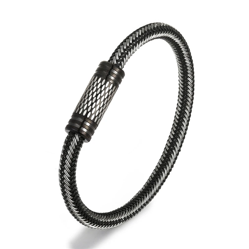 NEW Fashion Black and white Braided Steel Wire Bracelet Magnetic Buckle Simple Style Wristband Men Stainless Steel Bracelet Male