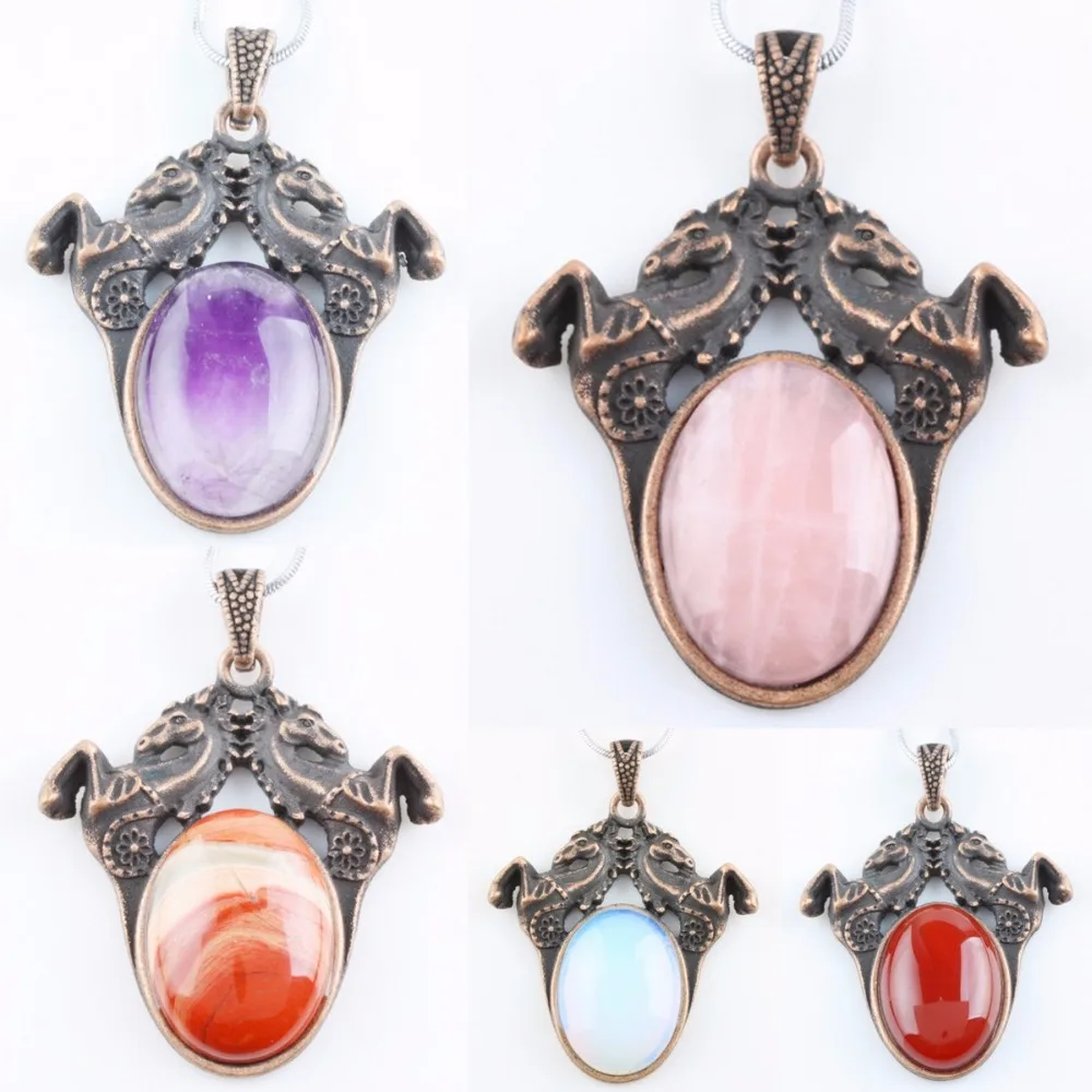 

SUNYIK Double Head Horse Oval Stone Pendant Charm,Healing Jewelry