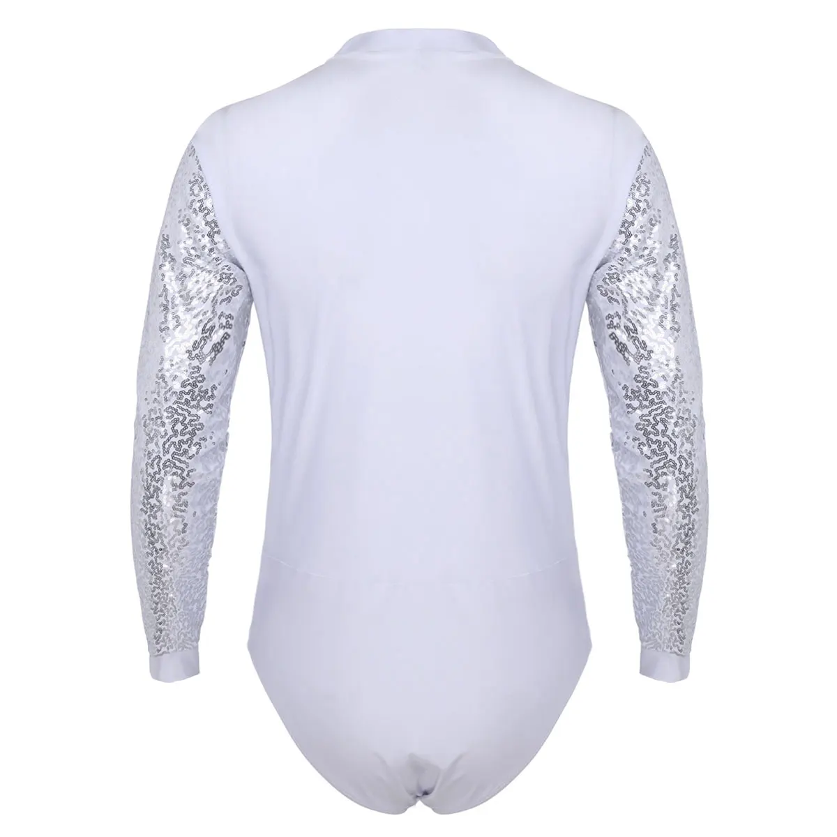 Men Leotard Ballet Bodysuit One piece Shiny Sequins V Neck Long Sleeves High Cut Dance Shirt Short Unitards Leotard Bodysuit