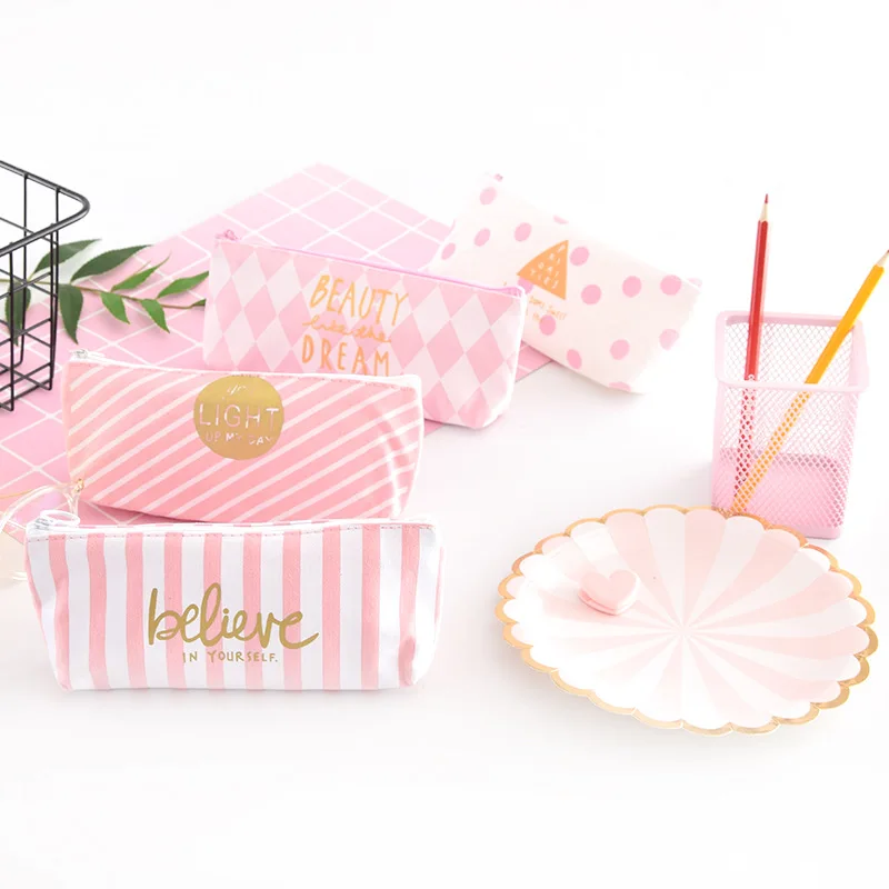 

1pcs kawaii Simple pencil box cute pink stripe pattern Office Student pencil boxs School Supplies Pen Box Astuccio Scuola