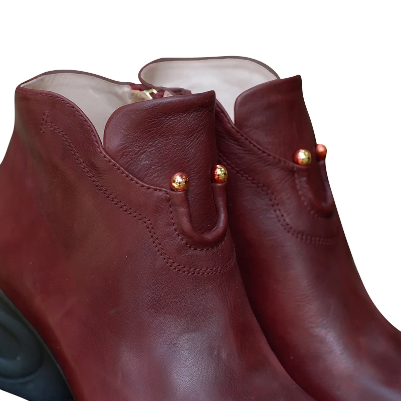 Cabeza Cuero Otoño Xiangban Retro Mujer Zapatos Tacón Botas Primavera Grueso Las Redonda 2019 Black red Mujeres De BzPwB