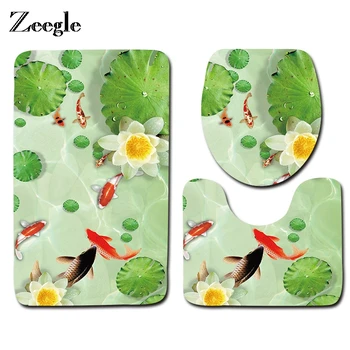 

Zeegle 3D Fish Printed Bathroom Carpets 3 Pieces Anti-slip Rug In The Toilet Washable Pedestal Rug Lid Toilet Cover Bath Mats
