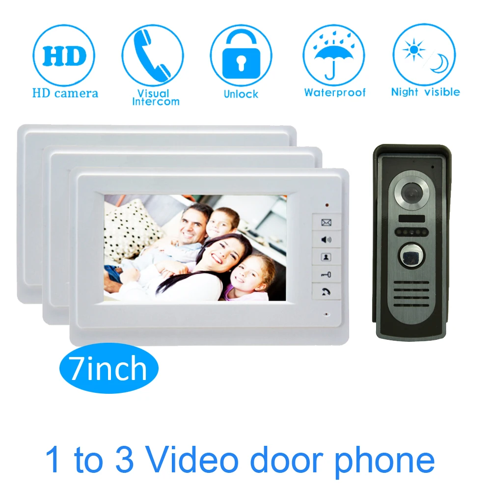 Family one to three video door phone system 7'' Monitor LCD Panel wire type Water proof function Smart Doorbell intercom Family one to three video door phone system 7'' Monitor LCD Panel wire type Water proof function Smart Doorbell intercom