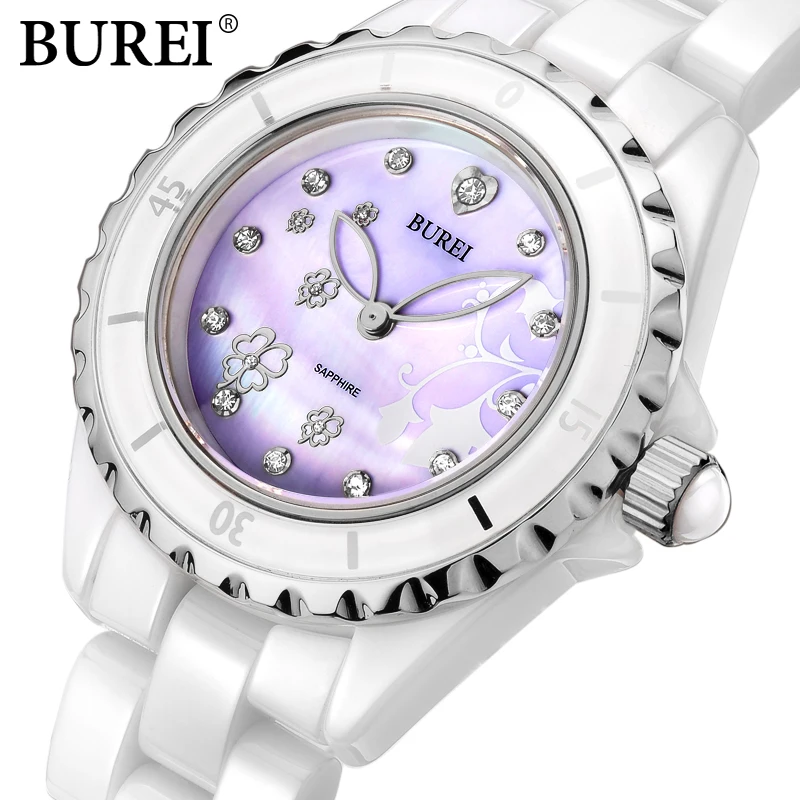 Женщины Смотреть BUREI Лучший Бренд Вскользь Женские Керамические Алмазы Золото