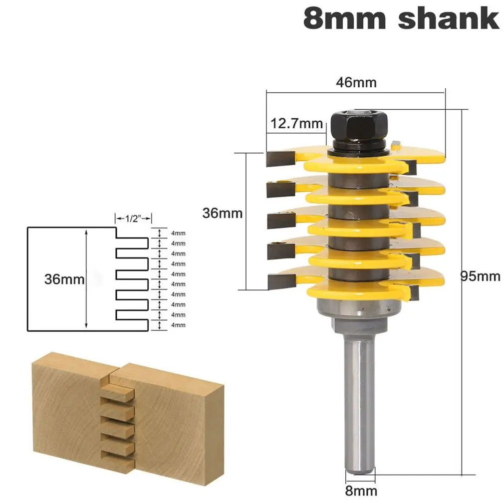 

8MM Shank Box Joint Router Bit Adjustable 5 Blade 3 Flute For Wood Milling Cutter Tenon Cutter for Woodworking Tools