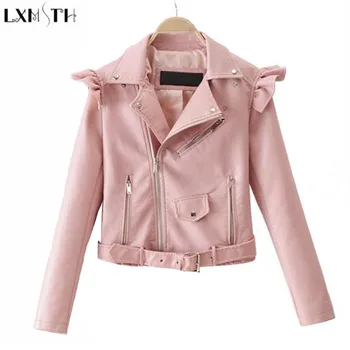 

LXMSTH Spring New Arrival Belt Faux Leather jackets Women Short Ruffles Slim Zipper Ladies Leather Coats Autumn Women's Coats