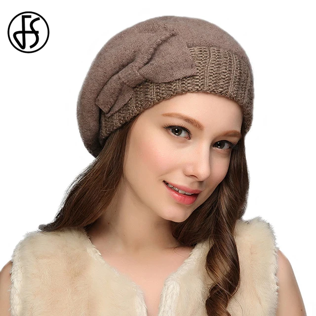 FS Retro Wool Beret French Artist Felt Knit Beanie Slouchy Hat With Bow