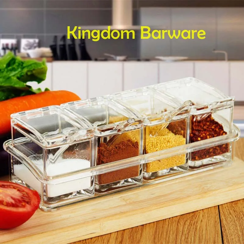 

4 Piece Acrylic Seasoning Box - Storage Container Condiment Jars -Kitchen Tools Bar Accessories