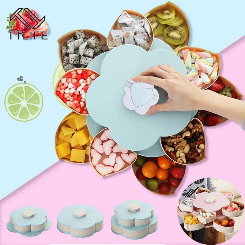 

TTLIFE Bloom Snack Tray Petal Flower Rotating Box Candy Nuts Dried Fruit Plate Party Serving Food Storage Container