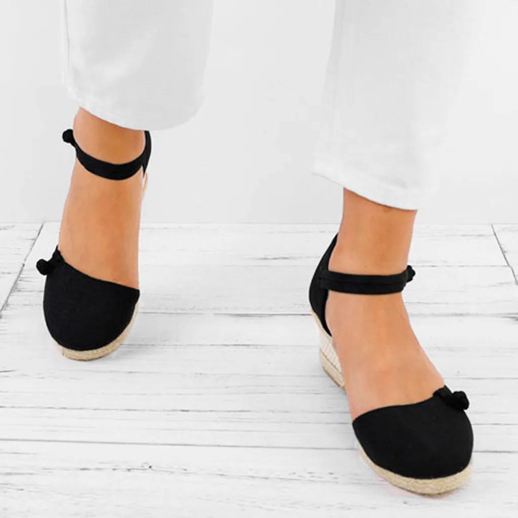 

womens summer sandals square heel 2019 Retro Linen Canvas Wedge Round Toe Casual Sandals Singles Hemp Shoes#N3