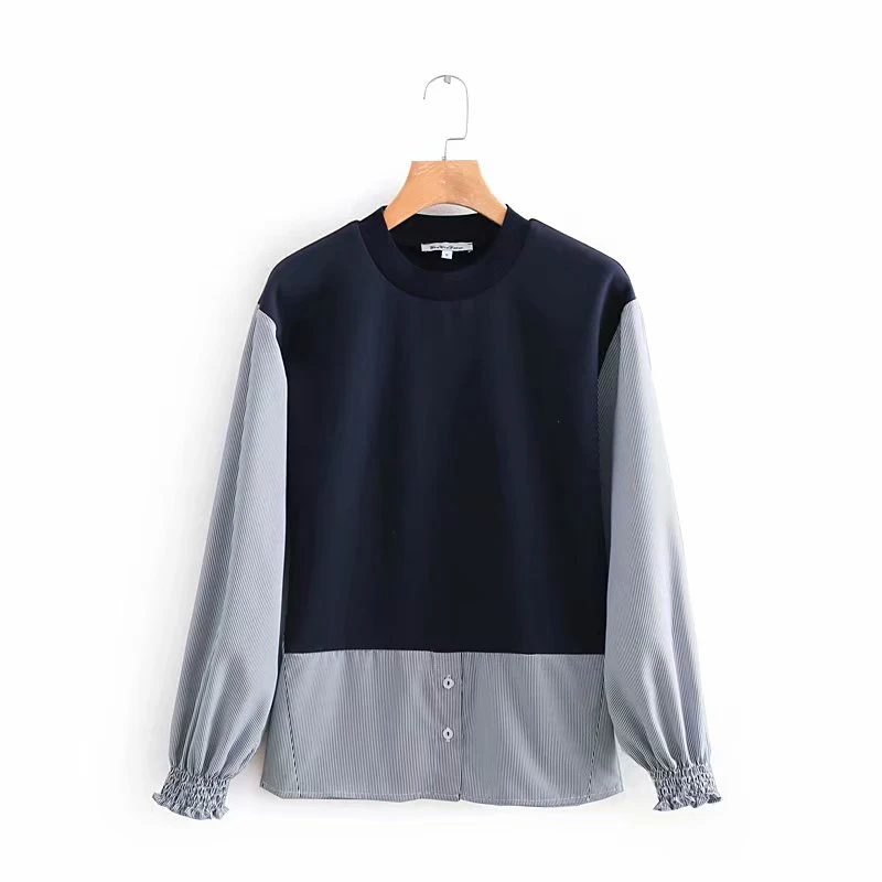 

2019 New Fashion Women Black Patchwork Gray Long Sleeve Blouse Female O-neck Casual Za Shirts Outwear blusas mujer de moda