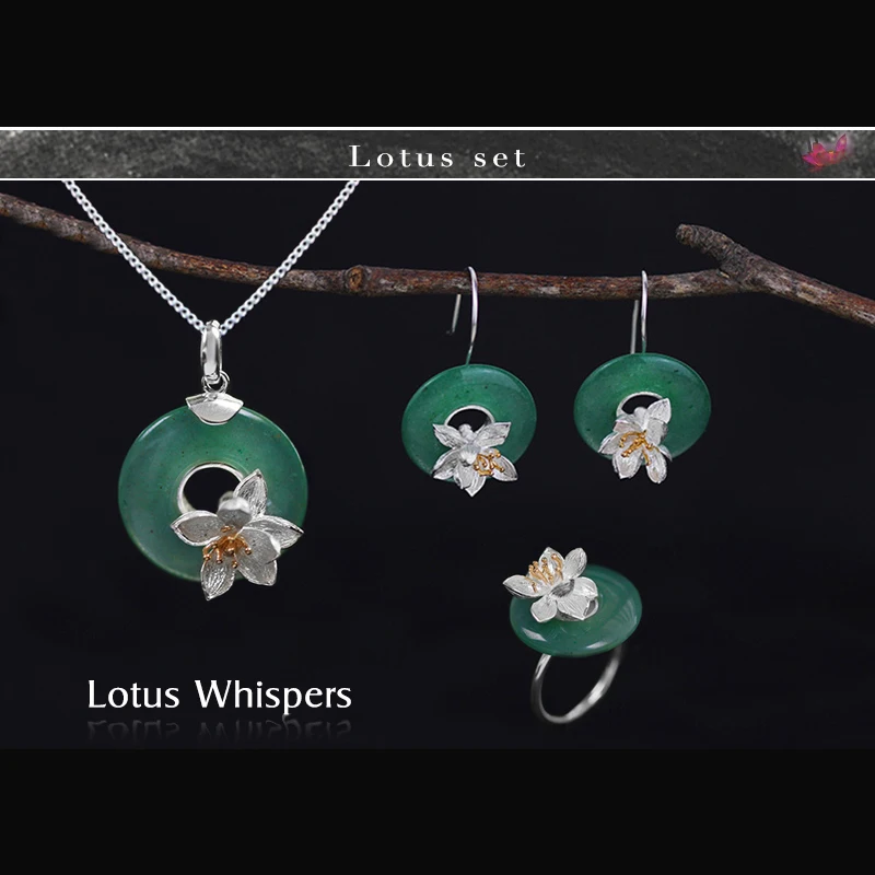 Lotus Fun Real 925 Sterling Silver Handmade Fine Jewelry Lotus Whispers Jewelry Set With Ring Pendant Necklace Drop Earring