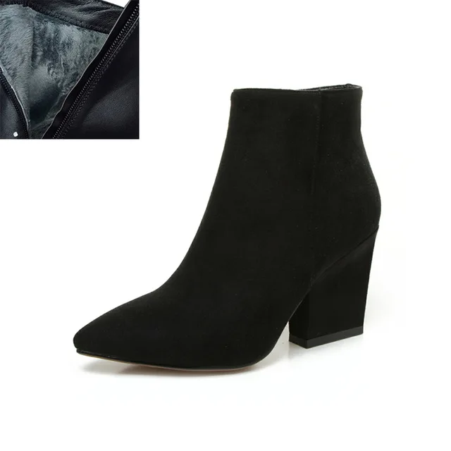 KemeKiss/осенние однотонные ботильоны черного цвета для зрелых женщин; женская обувь на молнии с острым носком на высоком каблуке; женская обувь; большие размеры 32-43 - Цвет: black fur 2
