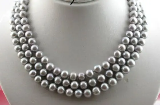 

2015 new 3 ROW AAA 9-10MM tahitian silver gray pearl necklace 14K gold clasp