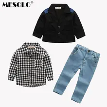 MESOLO/красивый детский костюм в европейском и американском стиле черное пальто+ клетчатая рубашка джинсы, костюм из двух предметов