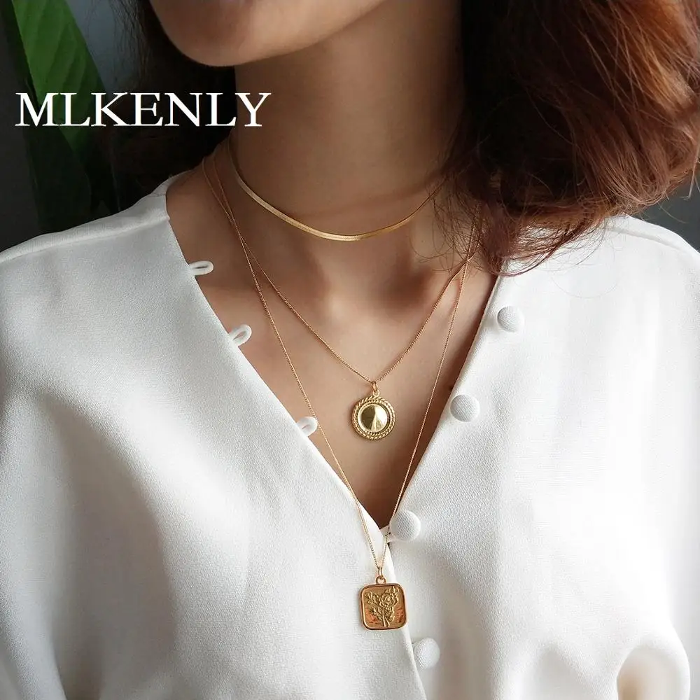 

MLKENLY Punk 925 Sterling Silver Solitaire Round Geometric love pattern necklace For Women Girls Jewelry Kolye Collares Collier