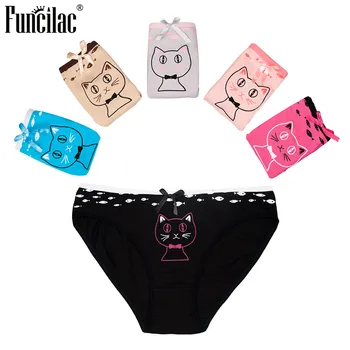 

FUNCILAC 5pcs/lot Cotton Brand Woman's Pants Cute Cat and Fish Printing Underwear Briefs Sexy Ladies Underclothes Lingerie