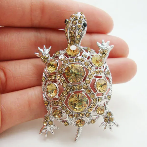 

Vintage Tortoise Silver-tone Brooch Pin Brown Rhinestone Crystal Turtle