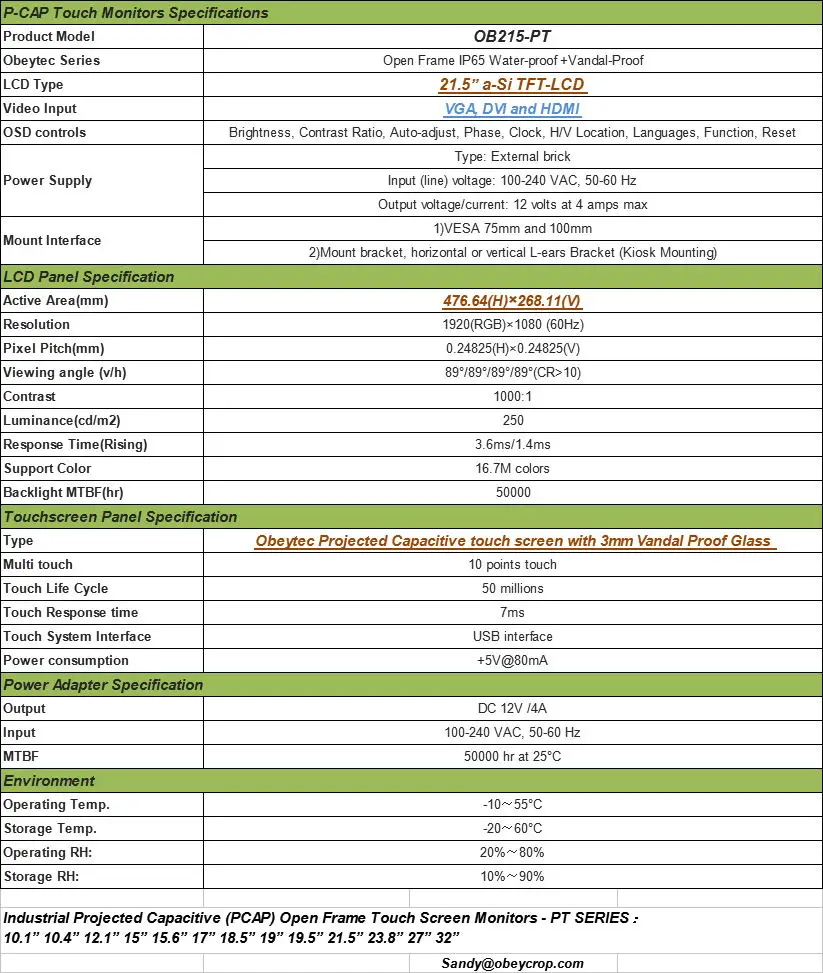 Obeytec 21," PCAP емкостный сенсорный монитор с открытой рамкой, разрешение FHD, 10 точек, IP65, 1920*1080