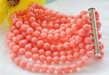 

free shipping 1443 8rstrands round pink coral bracelet 8inch