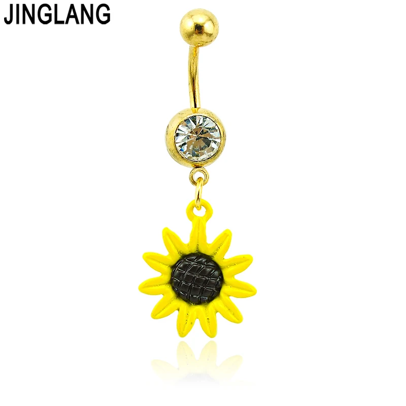 

JINGLANG Body Jewelry Gold Color Belly Button Rings 316L Stainless Steel Barbells Dangle Yellow Sunflower Navel Rings Piercing