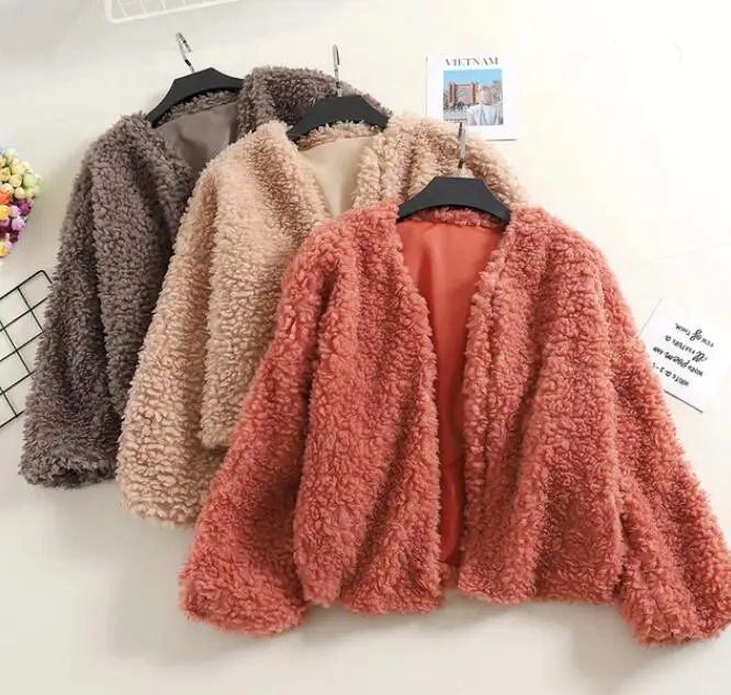De Ladies Chaude Automne Lâche Laine Noir Fille Courte apricot Agneau Tout Veste rouge Femmes Style Manteau Nouvelles gris Hiver Point blanc Open allumette Coréen Manteaux 6qPT6F