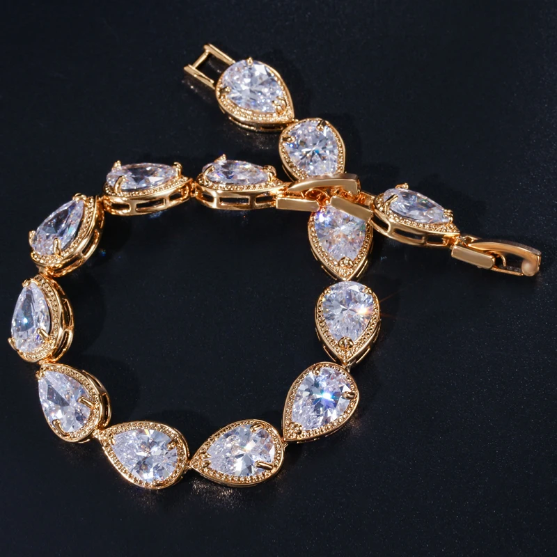 CWWZircons أعلى جودة قطرة الماء زركون معبد روز الذهب اللون سوار للتنس للنساء الزفاف حزب مجوهرات CB052