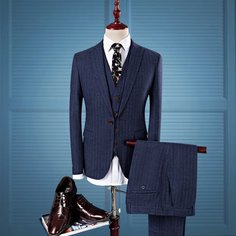 

2019 New Style Suit Men's High Quality Fashion Single Button Stripe Suits Jacket Men Wool Wedding Suits Dress(Jacket+Pant+Vest)