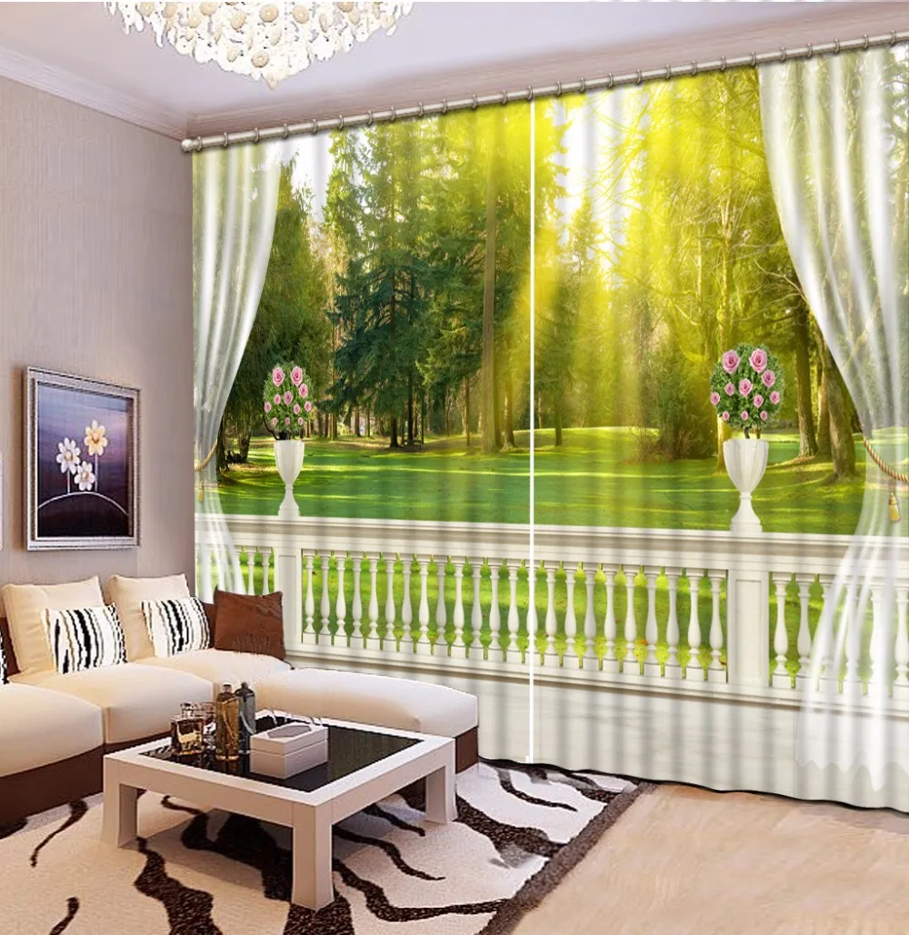 3D Curtain Design Curtain Background Balcony Sunlight Landscape Green